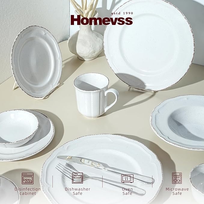 20pc Dinnerware Set, Plate and Bowl Set, Stoneware Dishes Set for 4, Microwave and Dishwahser Safe, Scratch Resistant, French Countryside Speckled Antique White