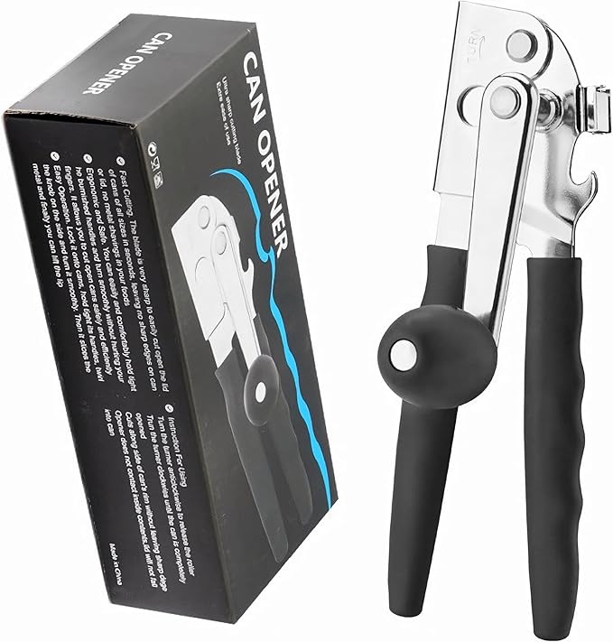 Heavy Duty Manual Can Opener Smooth Edge, Hand Crank Cans Opener for Adults Seniors, Kitchen Camping Tools, Stainless Steel, Black