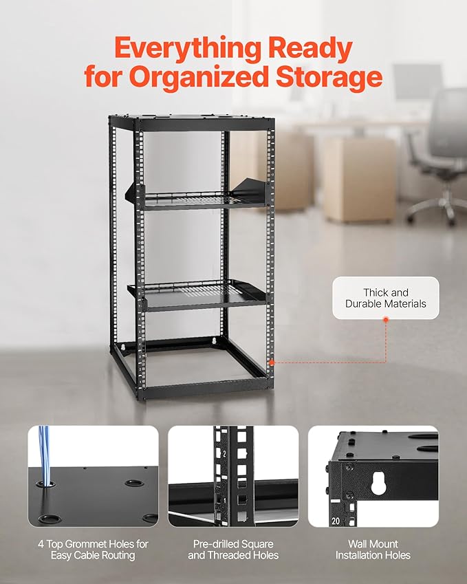 VEVOR 20U Server Rack, Open Frame Network Rack,4-Post Floor Standing or Wall Mounted, Includes 2PCS Vented 1U Rack Shelves & Mounting Hardware, Computer Wall Rack for 19" IT/AV Equipment