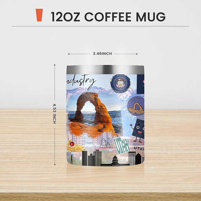 12oz Coffee Mug Utah State Insulated Coffee Cups, United States Map Travel Mug Landmark, Birthday Gifts Cute Mugs with Lid and Straw Gifts for Mom