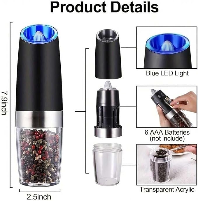 Gravity Electric Salt and Pepper Grinder Set - 1 Pack Automatic Mills with Adjustable Coarseness, LED Light, Battery Powered, One-Handed Use (Black) (Black Single Pack (Includes Cleaning Brush))