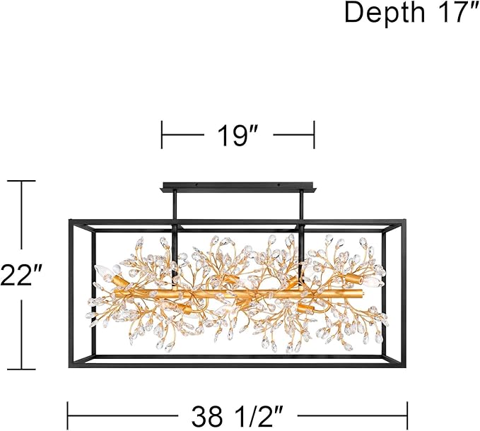 Possini Euro Design Carrine 38 1/2" Modern Semi Flush-Mount Ceiling Light Fixture Kitchen Foyer Hallway Linear Unique 8-Light Satin Black Gold Finish Crystal Metal Bedroom Bathroom Entryway