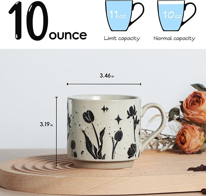 Stackable Coffee Mugs Set of 4, Aesthetic Cute 10 OZ Small Ceramic Espresso Cups Vintage Stoneware Tea Cup for Cappuccino Latte, Flower