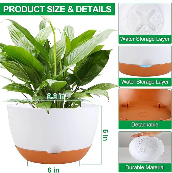 3 Pack Self Watering Planters for Plants Indoor,10 Inch Plant Pot Outdoor Plastic Flower Pot with Drainage and Saucers(White)