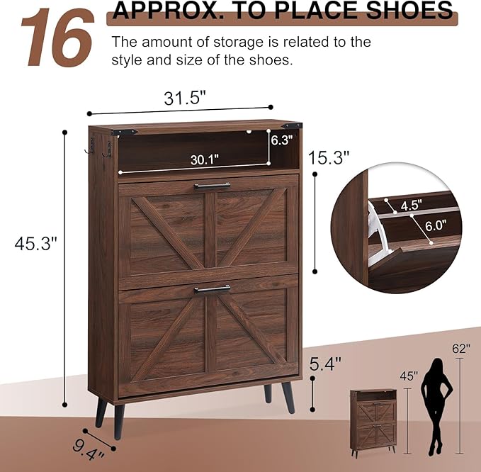 Shoe Storage Cabinet,Farmhouse Shoe Organizer with 2 Flip Drawers & Barn Door Design,Freestanding Hidden Slim Narrow Shoe Rack Cabinet with Open Storage for Entryway, Foyer,Hallway, Walnut