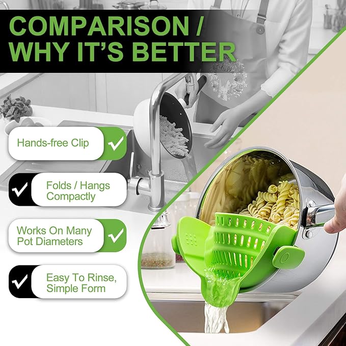 Clip-On Strainer - Universal Silicone Snap-on Colander for Draining Pasta, Vegetables & Grease – Heat-Resistant, BPA-Free, Heat Resistant, Fits Round & Oval Pots/Bowl