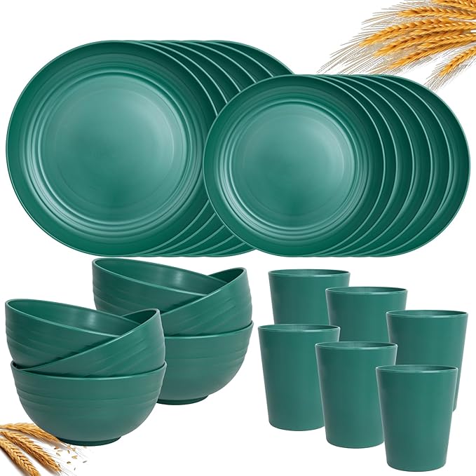 LIYH 24 Pcs Plastic Wheat Straw Dinnerware Set of 6 Plates and Bowls Set Reusable Plates Camping Plates Cups and Bowls Unbreakable Dinnerware Set（Green）