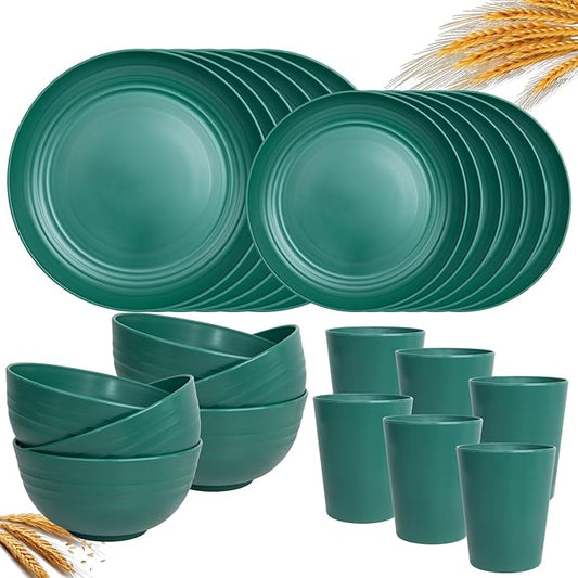 LIYH 24 Pcs Plastic Wheat Straw Dinnerware Set of 6 Plates and Bowls Set Reusable Plates Camping Plates Cups and Bowls Unbreakable Dinnerware Set（Green）