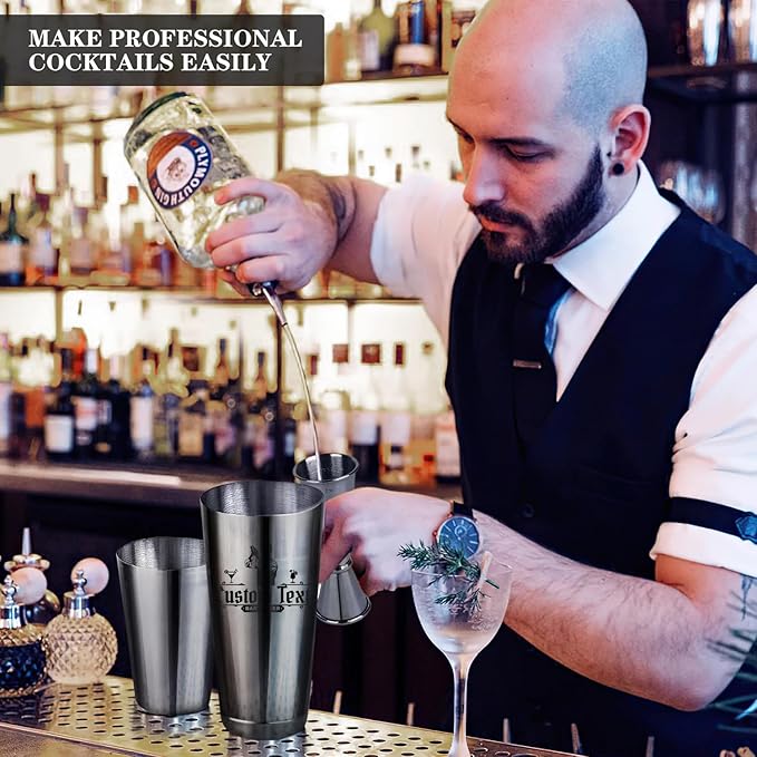 Personalized Cocktail Shaker 24oz - Custom Stainless Steel Bar Kit with Engraved Text, Built-in Strainer & Measuring Jigger & Spoon, Gift for Bartenders & Cocktail Lovers (Bartender Design)