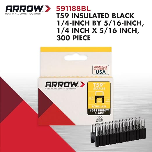 Arrow 591188 Genuine T59 Steel 1/4-Inch by 5/16 Crown Width Insulated Staples for Cable and Wiring, Black, 300 Count