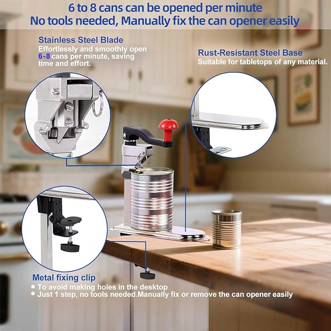 Commercial Can Opener Heavy Duty for 11100, Industrial Can Opener for 6-8 cans per minute, Manual Opener with a stainless steel base and a food-grade stainless steel blade for Cans Up to 13” Tall