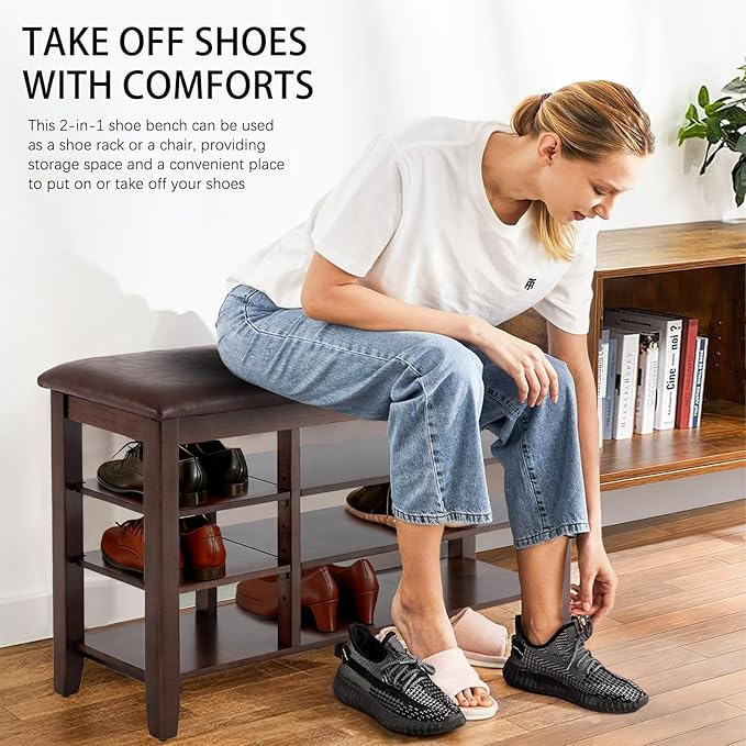 PY HOME & SPORTS Shoe Rack for Entryway 47": 3-Tier Shoe Storage Bench, Adjustable/Removable Shelves, Rubberwood Shoe Benches for Hallway, Porch, Bathroom, Brown