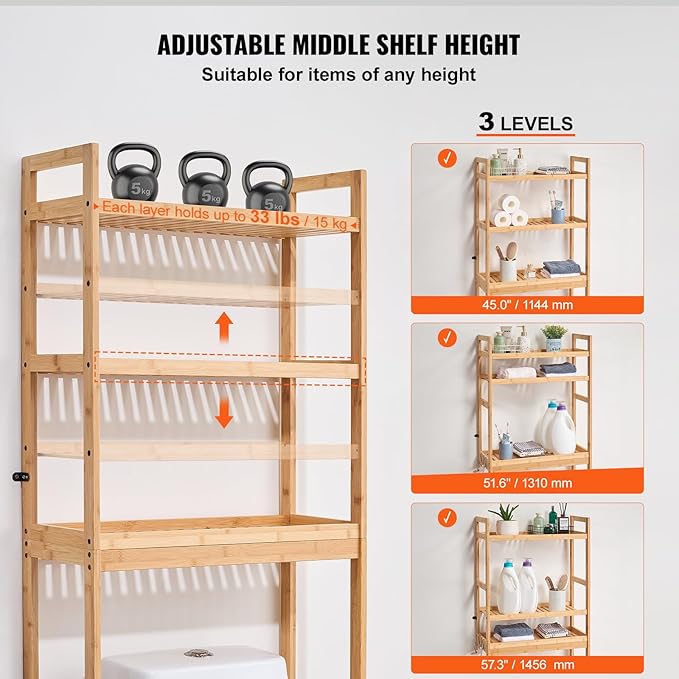 VEVOR Over The Toilet Storage, 3-Tier Adjustable Over Toilet Bathroom Organizer, Bamboo Storage Shelf Rack with 3 Hooks, Freestanding Easy Assembly Laundry Space Saver, Fit Most Toilets
