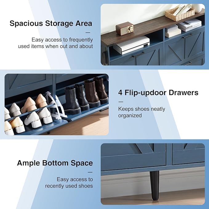 Shoe Storage Cabinet,Farmhouse Shoe Organizer with 4 Flip Drawers & Barn Door Design,Freestanding Hidden Slim Narrow Shoe Rack Cabinet with Open Shelves for Entryway,Foyer,Hallway,Navy Blue