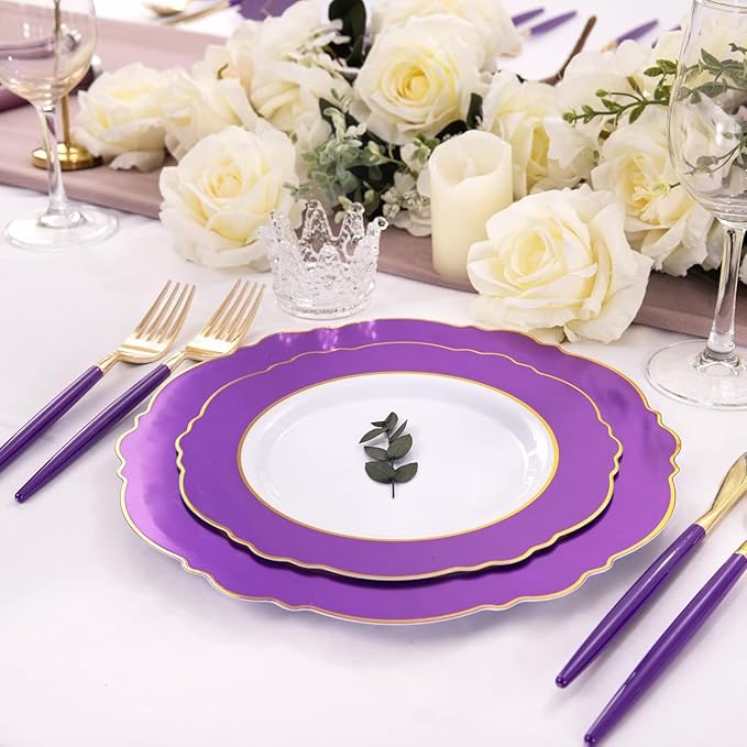 WDF 30Guest Purple Plastic Plates with Gold Rim & Disposable Gold Plastic Silverware With Purple Handle - Baroque Party Plates Mardi Gras Plate for Birthday Parties/Wedding