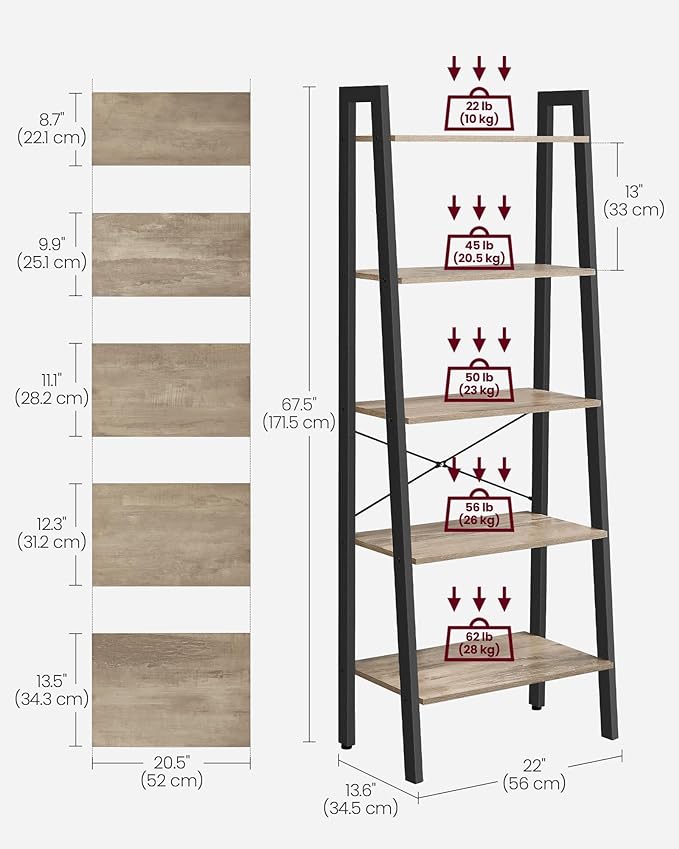VASAGLE Ladder Shelf, 5-Tier Bookshelf, Storage Rack, Bookcase with Steel Frame, for Living Room, Home Office, Kitchen, Bedroom, Industrial Style, Camel Brown and Ink Black ULLS045B50
