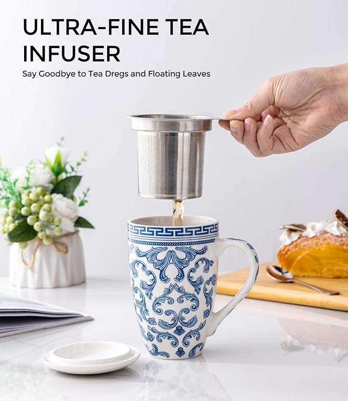 AmorArc Porcelain Tea Mug with Infuser and Lid, 18 Oz Tea Cup with Handle for Loose Leaf Tea, Gift for Tea Lovers of Men and Women