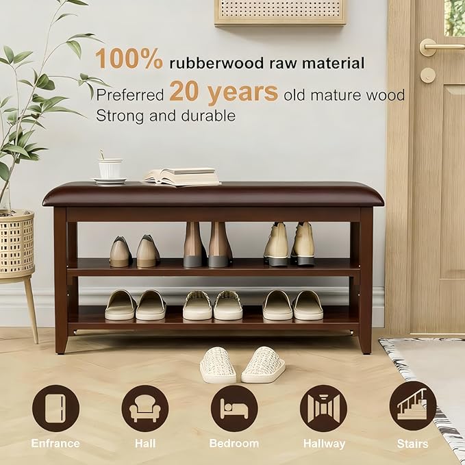 Shoe Bench Storage with Leather Cushion, Rustic Solid Wood Entryway Bench with 2 Height-Adjustable and Removable Shelves for Hallway, Living Room, Mudrooms (Dark Brown,39.4")