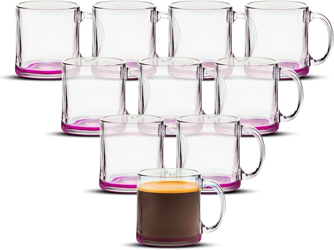 Libbey Clear Glass Coffee Mugs 13 oz. Set of 10, Bulk Pack - Perfect for Coffee, Tea, Espresso, Hot Cocoa, Other Beverages - Pink Bottom