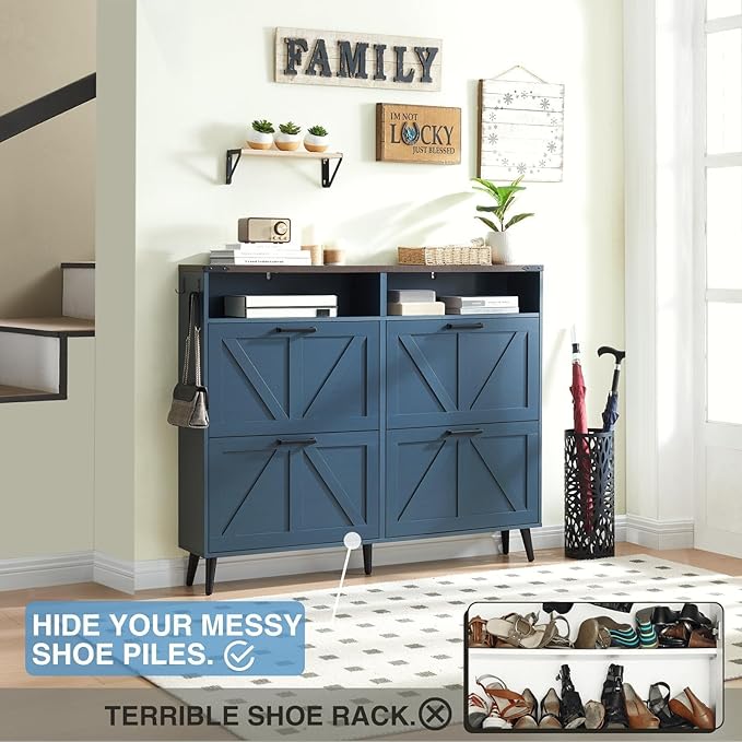 Shoe Storage Cabinet,Farmhouse Shoe Organizer with 4 Flip Drawers & Barn Door Design,Freestanding Hidden Slim Narrow Shoe Rack Cabinet with Open Shelves for Entryway,Foyer,Hallway,Navy Blue