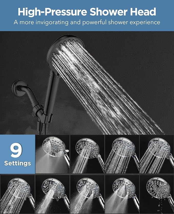 MakeFit Handheld Shower Head with Filter Matte Black - High Pressure 10 Spray Modes Filtered Shower Head with Hose, Bracket and Hard Water Shower Filters to Remove Chlorine and Heavy Metals