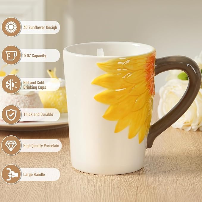 Ceramic Coffee Mug Set of 2-Sunflower Coffee Cups Set Include 15 oz Large Coffee Mug,9 oz Wide Cappuccino Cup with Saucer,3D Novelty Coffee Cups for Tea,Latte,Hot Cocoa,Milk,Birthday/Christmas Gifts