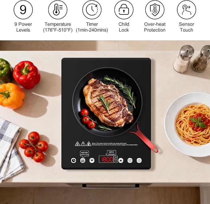 Portable Electric Cooktop, 1800W Single Burner Electric Stove with Touch Control, Child Safety Lock, Timer, 9 Power Level, Overheat Protection, Compact Induction Cooktop for Home Dorm Office