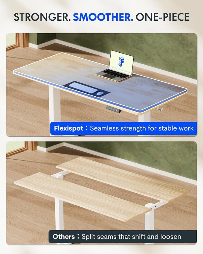 FLEXISPOT EN1 One-Piece Solid Wooden Standing Desk 48 x 24 Inches Height Adjustable Electric Sit Stand Home Office Desks (White Frame + Rubber Wood Top, 2 Packages)