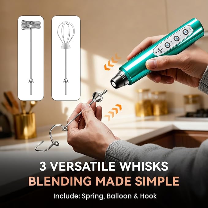 Milk Frother Handheld for Coffee, Electric Whisk 3 Speed Adjustable, Drink Mixer with Stainless 3 Whisks, Rechargeable Hand Frother Wand, Foam Maker for Latte Cappuccino Hot Chocolate Egg Green