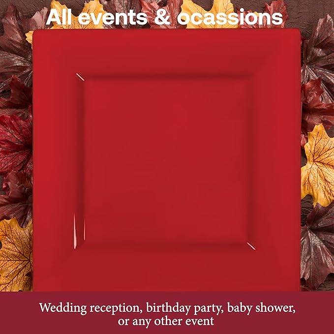 Smarty Had A Party 120 Red Square Plates for Salad 6.5" – Heavy-Duty Disposable Tableware for Weddings – Red Plastic Dessert Plates 120 Guests, High-End, Versatile Look