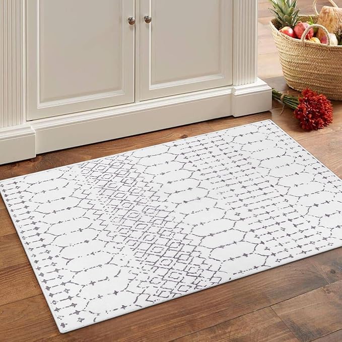 Lahome Moroccan Door Rugs for Entryway Indoor 2x3 Non-Slip Washable Front Door Mat Stain Resistant Untra-Thin Grey White Small Kitchen Rug, Geometric Inside Door Mats for Home Entrance Bathroom Sink