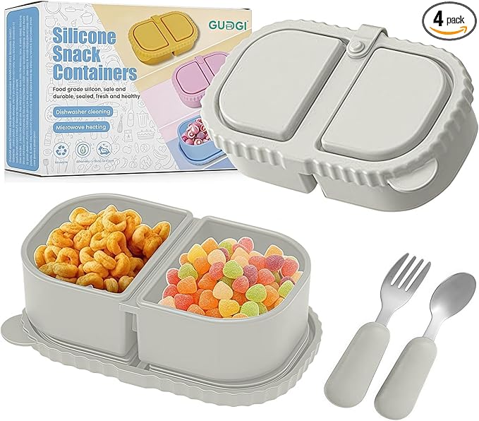 Silicone Snack Containers for Kids (8.5Oz, 2-Compartment)+ Kids Silicone Cutlery Set (Spoon and Fork) - BPA Free, Leak Proof, Great for Toddler/Kid/Adult Meal Prep Containers (White)