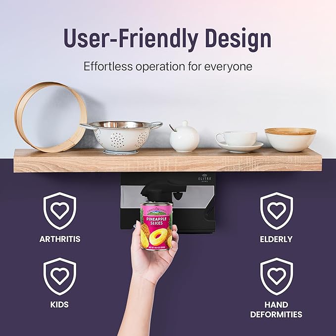 Electric Can Opener - 4 in 1 Under the Cabinet Mounted Can Opener, Blade Sharpener, Bottle Opener, Jar Opener, Mounting Bracket, Large or Small Cans for Seniors with Arthritis - Elitra Home (Black)