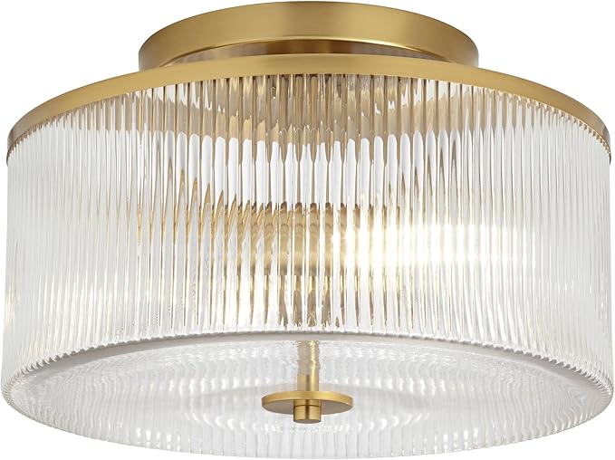 Possini Euro Design McKenzie 14" Mid Century Modern 2-Light Semi Flush-Mount Ceiling Light Fixture Kitchen Foyer Hallway Drum Round Warm Brass Finish Ribbed Glass Metal Bedroom Bathroom Entryway