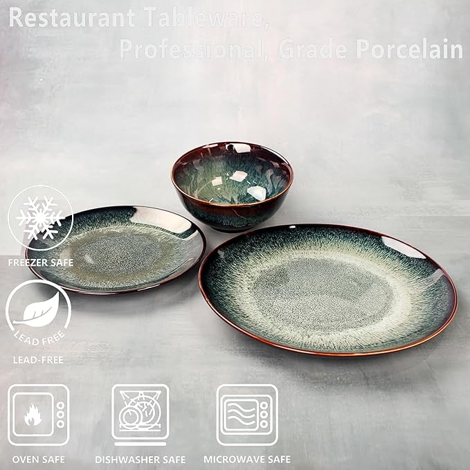 Dinner Set 12 Pieces - Round Reactive Glaze Tableware - Kitchen Dinnerware Porcelain Crockery with Dinner Plate, Bowl and Soup Plate Service for 4, Microwave Dishwasher Safe, Set (No.2)
