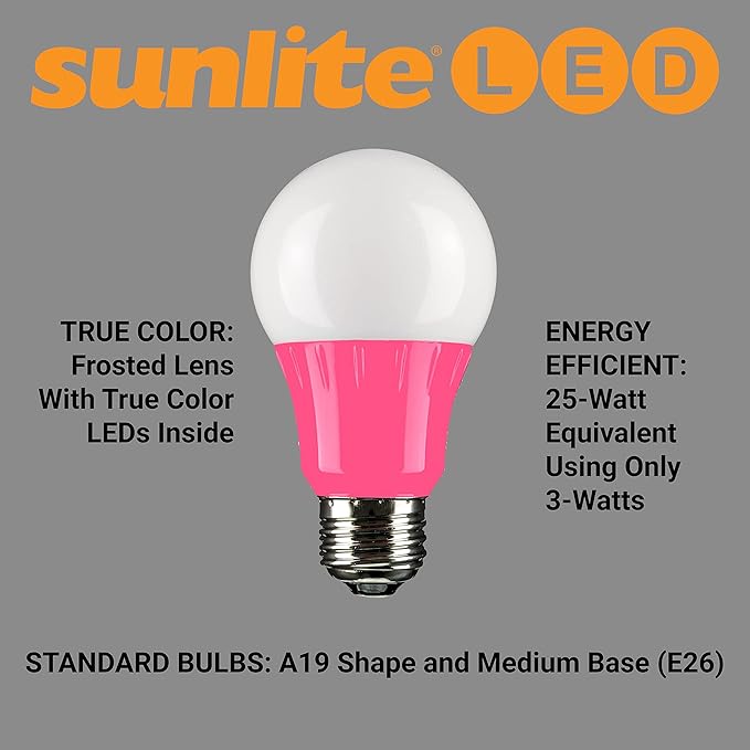 Sunlite 40473 LED A19 Colored Light Bulb, 3 Watts (25w Equivalent), E26 Medium Base, Non-Dimmable, UL Listed, Party Decoration, Holiday Lighting, 6 Count, Pink
