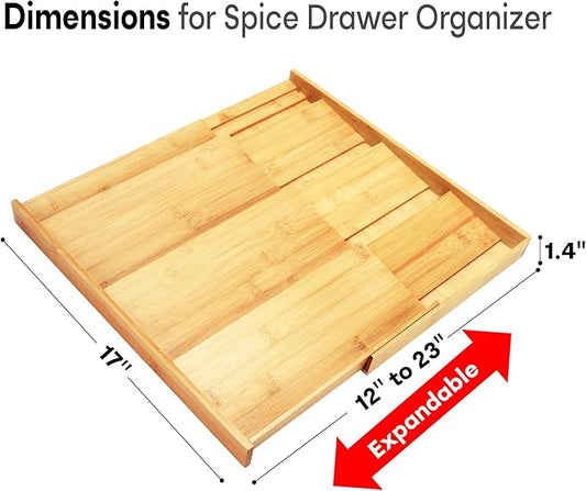 Bamboo Spice Drawer Organizer, (Need 3.1” Deep Drawer) Expandable 4 Tier Spice Rack for Cabinet (From 12" to 23" Wide), Seasoning Storage Insert, Spice Organizer for Drawer,Jars Not Included