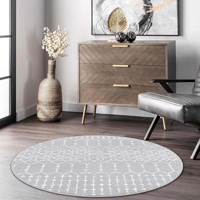 Lahome Moroccan Round Washable Rug - 3Ft Small Circle Soft Non-Slip Grey Bathroom Rug, Stain Resistant Low Pile Entryway, Modern Geometric Print Indoor for Kitchen Sofa Doorway
