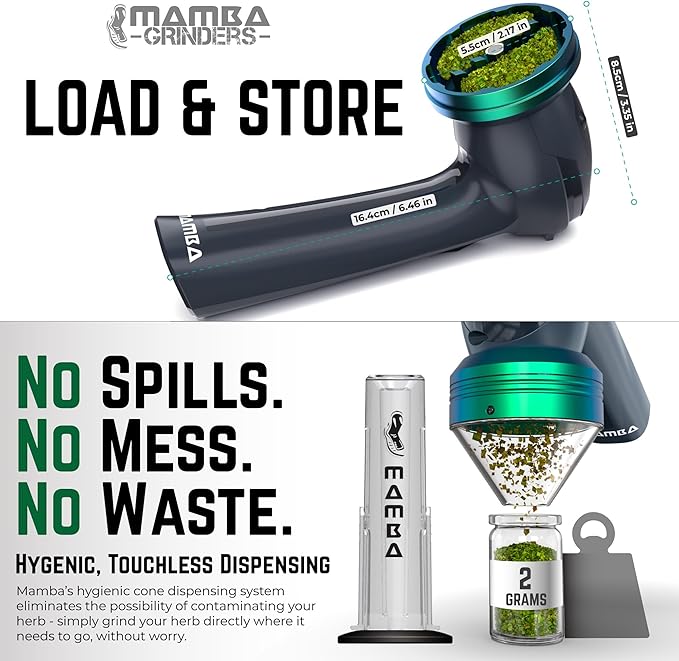 Mamba Loader XL 2g Gray USB Electric Herb Grinder. Small Portable Metal Herbal Machine & Spice Mill for the Kitchen