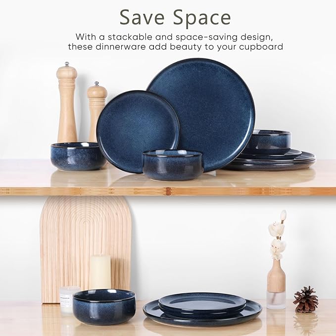 Herogo 24 Pieces Stoneware Dinnerware Sets Service for 8, Dinner Plates and Bowls Sets, Double Reactive Glaze Dishes Set for Kitchen, Scratch Resistant, Microwave & Dishwasher Safe, Starry Blue
