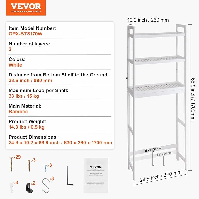 VEVOR Over The Toilet Storage, 3-Tier Adjustable Over Toilet Bathroom Organizer, Bamboo Storage Shelf Rack with 3 Hooks, Freestanding Easy Assembly Laundry Space Saver, Fit Most Toilets, White