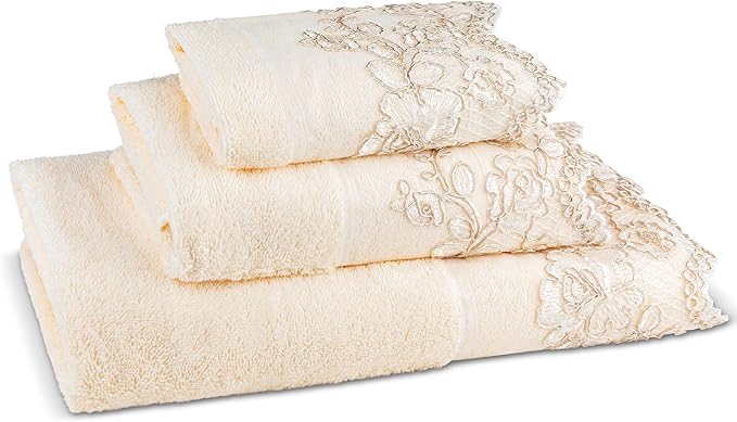 Zahari Home Rose Vine Bathroom Towel Set - 3 Piece Towel Set in Beige - Modern Decor, Unique Design