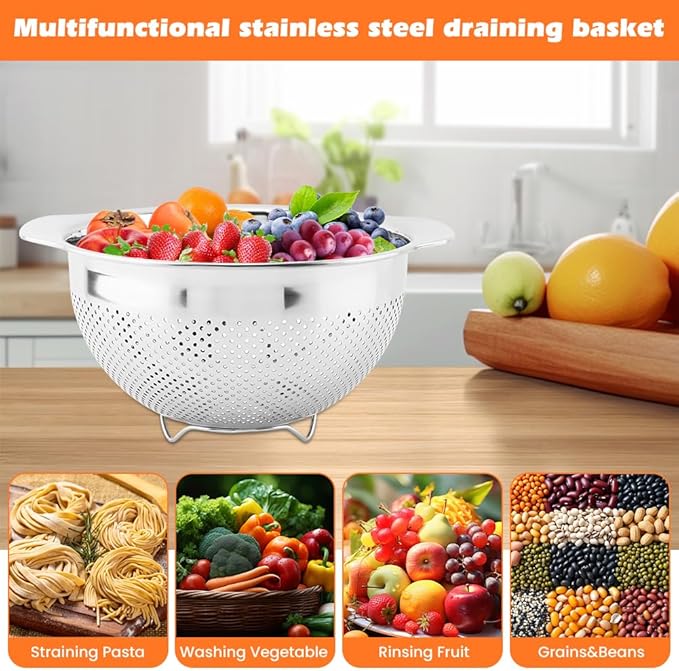 Stainless Steel Colander Set of 3 (2-3-5Quart),Micro-Perforated Colander Strainer with Handle,for Draining Rinsing Washing, Ideal for Pasta Vegetables Fruits,Dishwasher Safe