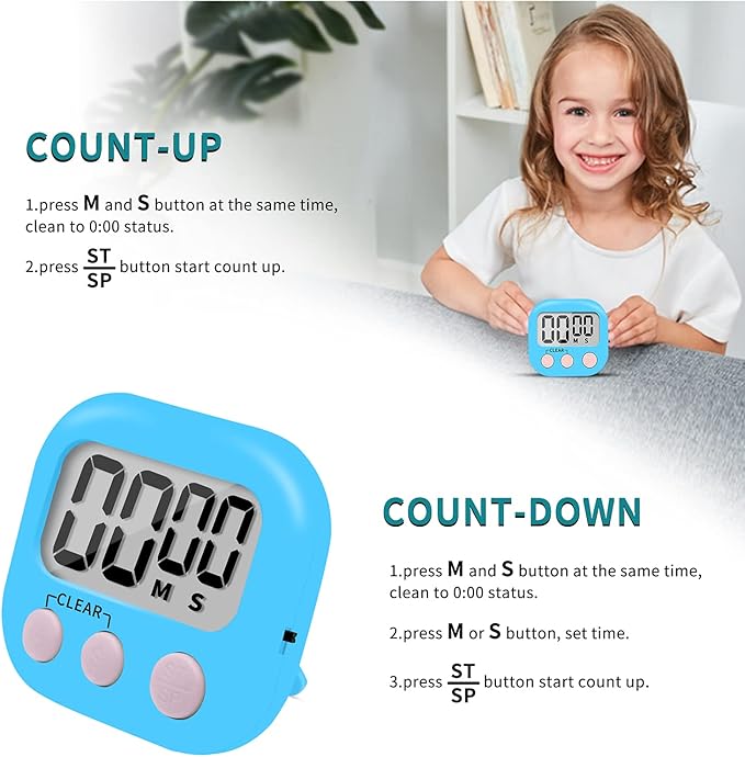 6 Pack Small Digital Kitchen Timer Magnetic Back and ON/Off Switch,Minute Second Count Up Countdown (Blue)