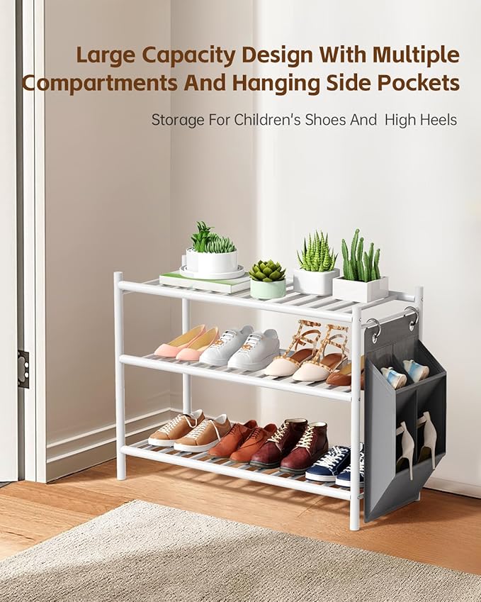 Bamboo Shoe Rack for Closet Small Wooden Shoe Organizer with Pouch, Sturdy Wood Shoe Shelf for Front Door Entrance Entryway and Outdoor, 26 inch Wide (White, 3-Tier)