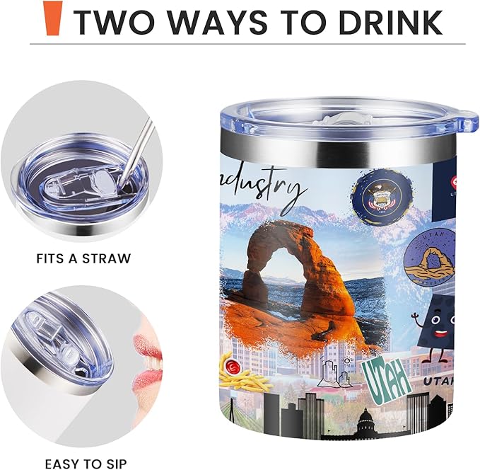 12oz Coffee Mug Utah State Insulated Coffee Cups, United States Map Travel Mug Landmark, Birthday Gifts Cute Mugs with Lid and Straw Gifts for Mom