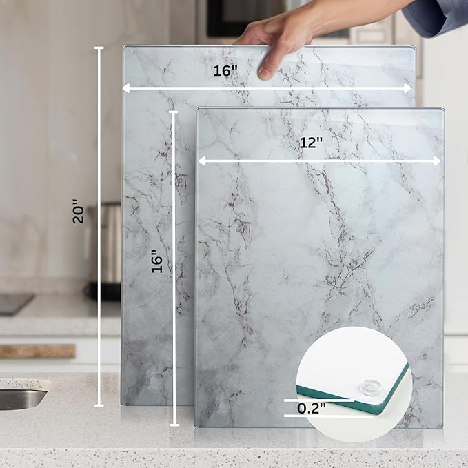 Glass Cutting Board 20”x16”: Tempered Glass Kitchen Counter Protector - Durable- Scratch-Resistant, Heat-Proof - Design 3 - Grey Marble Effect