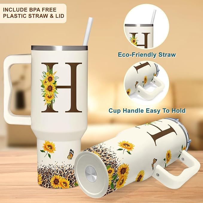 Personalized Birthday Gifts For Women - Sunflowers Monogrammed Cup For Boss Day, Christmas - Customized Gifts For Women, Mom, Wife, Coworkers, Boss Lady, Her - Custom Tumbler With Handle 40oz