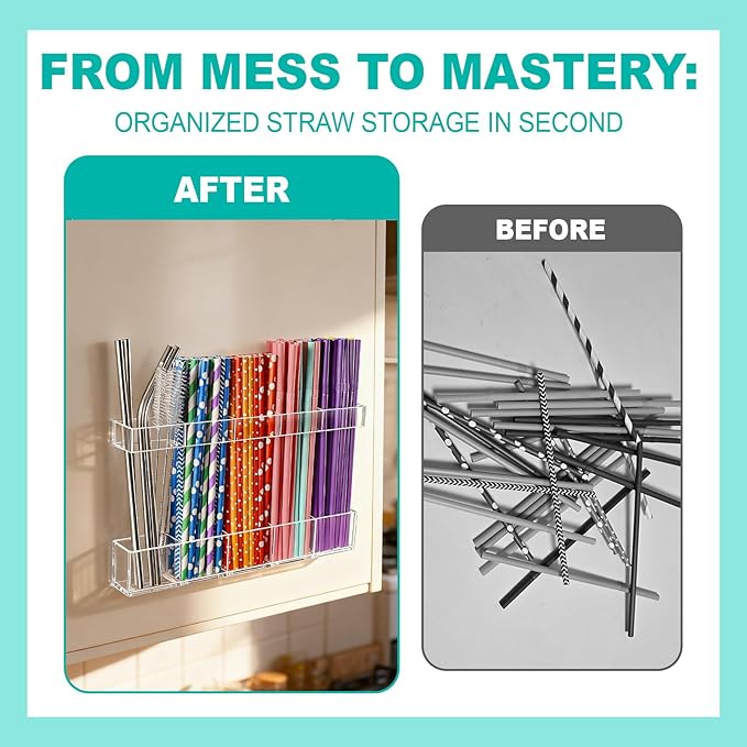 Acrylic Straw Holder for Cabinet Door, Adhesive Cabinet Straw Holder Organizer with 4 Straw Brushes Storage, Clear Kitchen Organization for Storing Reusable Straws, Kitchen Accessories