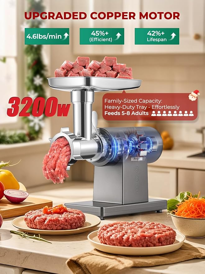 Electric Meat Grinder 3200W Multifunctional Meat Grinders Chopper Machine with Cutting Blade 3 Grinding Plates 3 Sausage Stuffers Kubbe Kit Juicer Cheese Grater Veggie Shredder Slicer